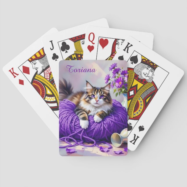 Cat  in Purple Yarn and Flowers   Poker Cards (Back)
