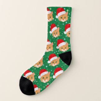 Cat in Santa Claus Hat Pastel Snowflakes Pattern Socks