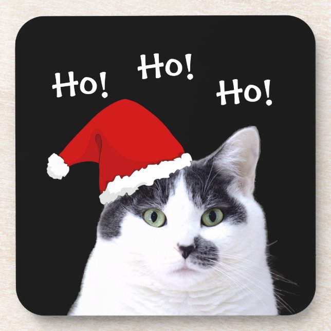 Cat in Santa Hat Christmas Beverage Coaster (Front)