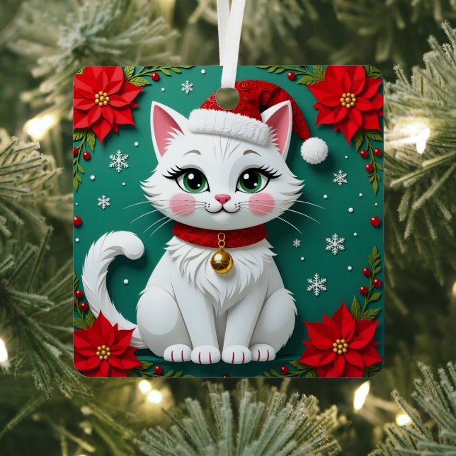 Cat in Santa Hat Poinsettias Festive Christmas  Metal Ornament (Insitu)