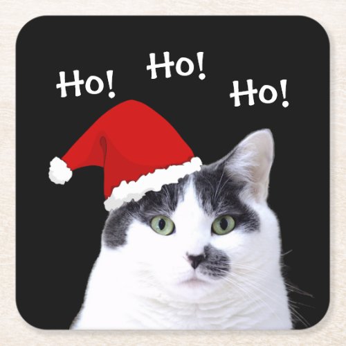 Cat in Santa Hat Square Paper Coaster