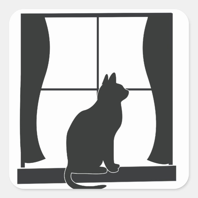 Cat in Silhouette Sitting at the Window Square Sticker (Front)
