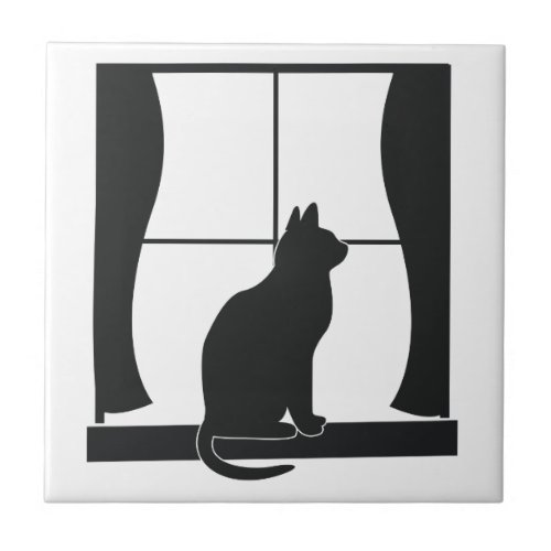 Cat in Silhouette Sitting at the Window Tile