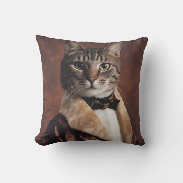 Cat in Smoking Jacket Throw Pillow (Front)