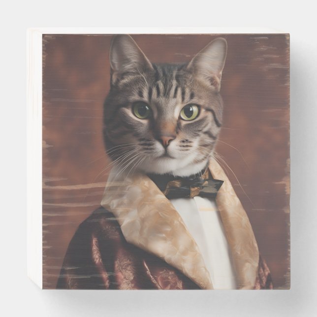 Cat in Smoking Jacket Wooden Box Sign (Front Horizontal)