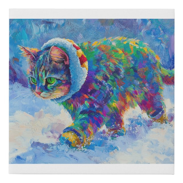 Cat in Snow Wearing Ear Muffs Faux Canvas Print (Front)
