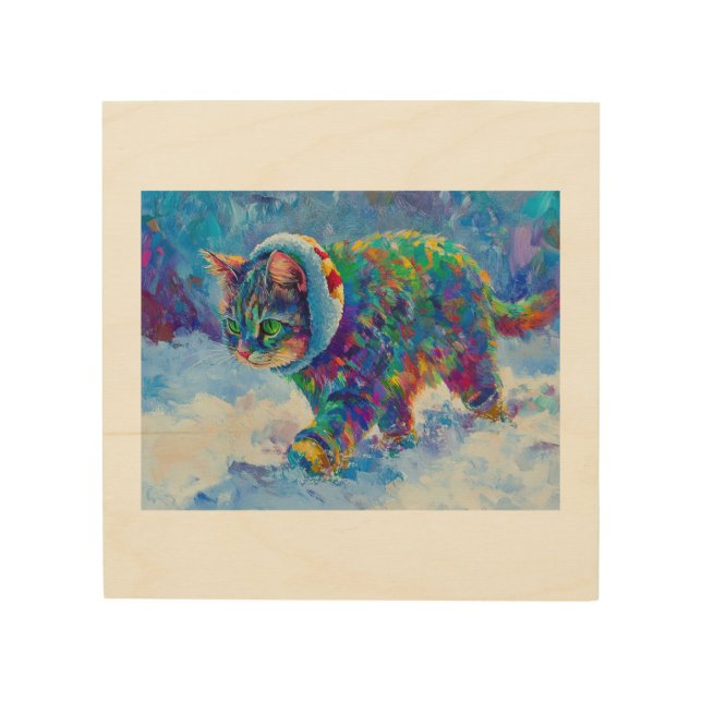 Cat in Snow Wearing Ear Muffs Wood Wall Art (Front)