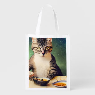 Cat in Space Eating AI Generated Art Grocery Bag