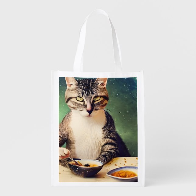 Cat in Space Eating AI Generated Art Grocery Bag (Front)