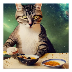 Cat in Space Eating AI Generated Art Poster