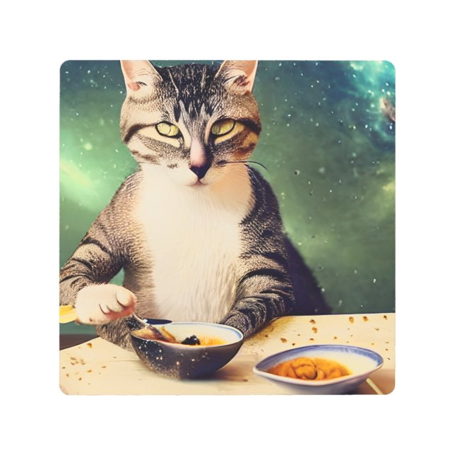 Cat in space eating Sushi Metal Print (Front)