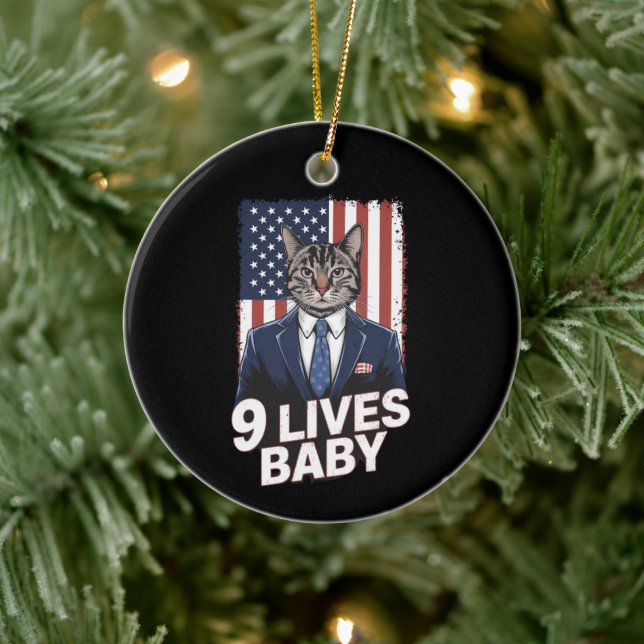 Cat in Suite with Trump Hair American Flag 9 Lives Ceramic Ornament (Tree)