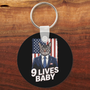 Cat in Suite with Trump Hair American Flag 9 Lives Keychain