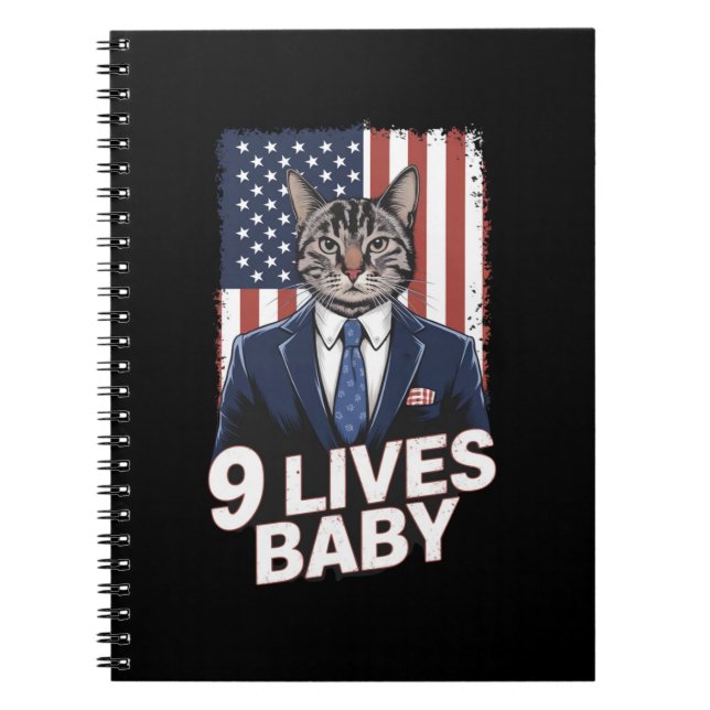 Cat in Suite with Trump Hair American Flag 9 Lives Notebook (Front)