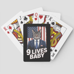 Cat in Suite with Trump Hair American Flag 9 Lives Poker Cards
