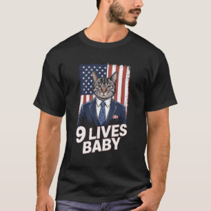 Cat in Suite with Trump Hair American Flag 9 Lives T-Shirt