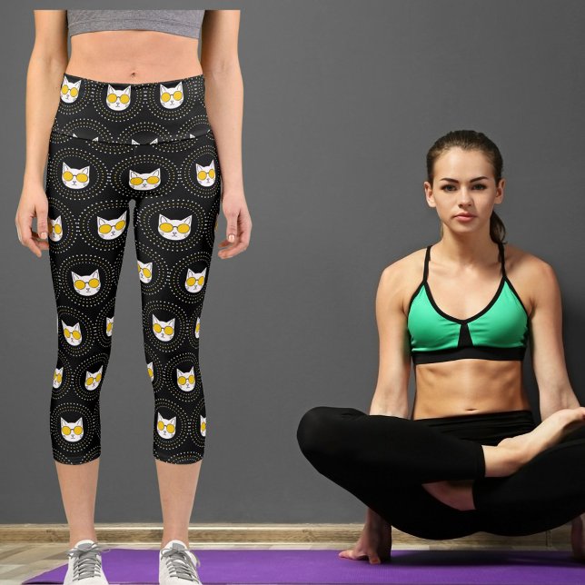 Cat In Sun Glasses And Dot On White Yellow Black Capri Leggings (Creator Uploaded)