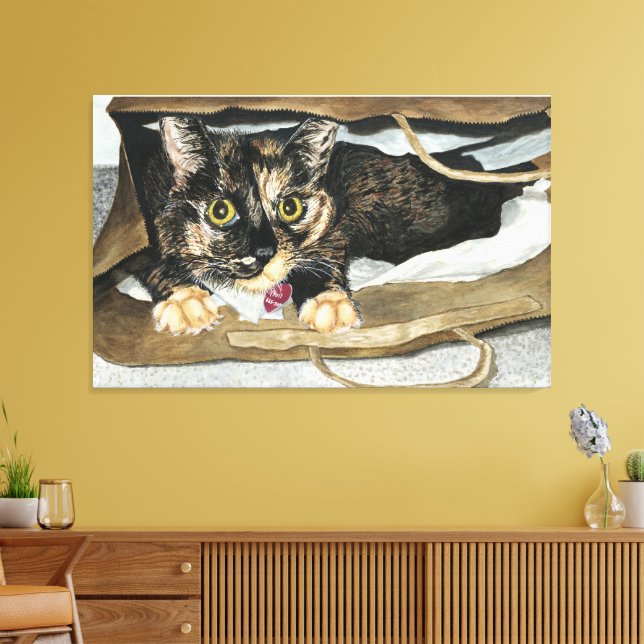 Cat in the Bag Watercolor Painting Wrapped Canvas (Insitu(LivingRoom))