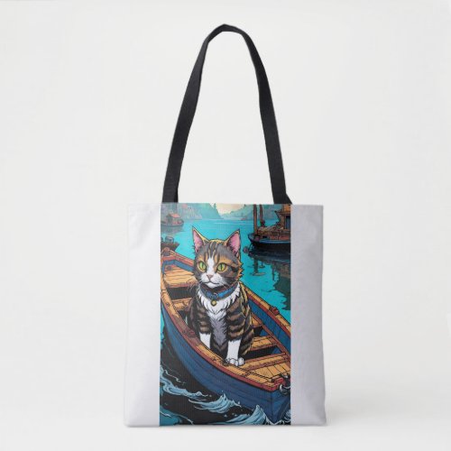 cat in the boat tote bag