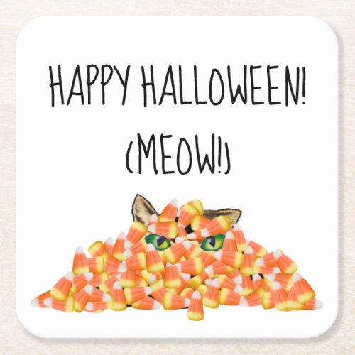 Cat in the Candy Corn Funny Halloween Square Paper Coaster