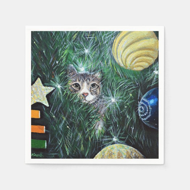 Cat in the Christmas Tree Painting Napkins (Front)
