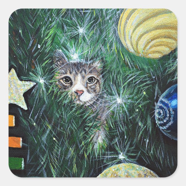 Cat in the Christmas Tree Painting Square Sticker (Front)