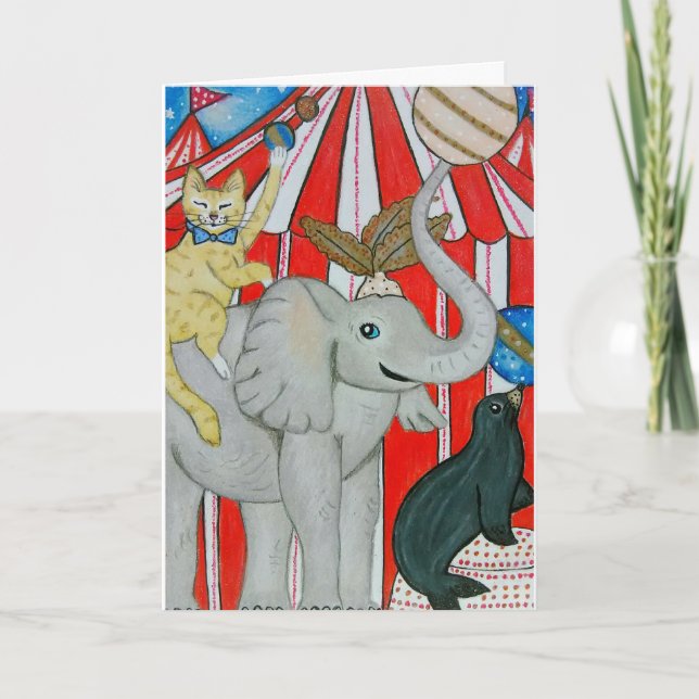 Cat in the circus with elephant and seal card (Front)