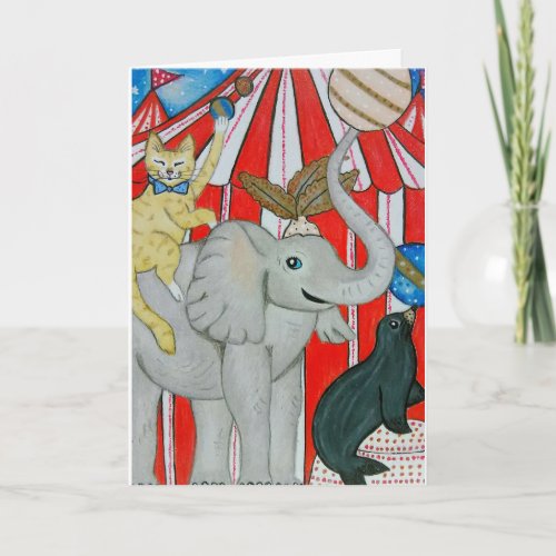 Cat in the circus with elephant and seal card