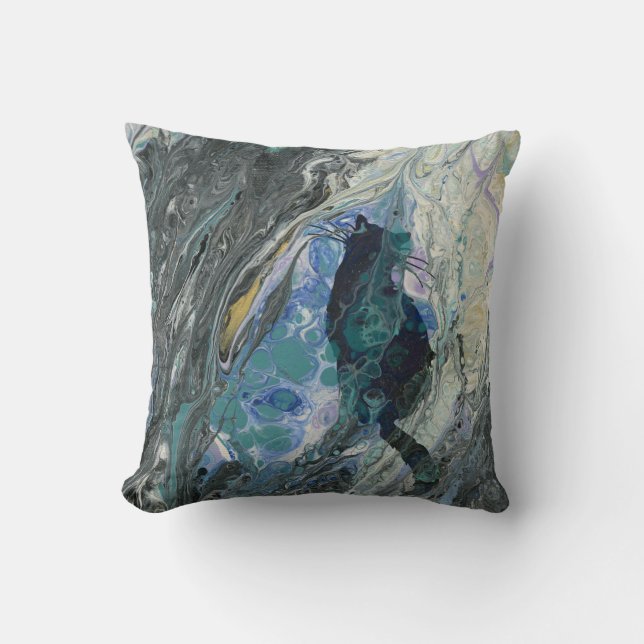 Cat in the Flow Abstract Painting Throw Pillow (Front)