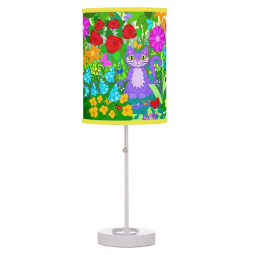 Cat in the Garden Roses Butterflies Ladybugs Table Lamp