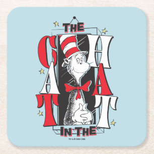 Cat In the Hat   B&W Text Square Paper Coaster