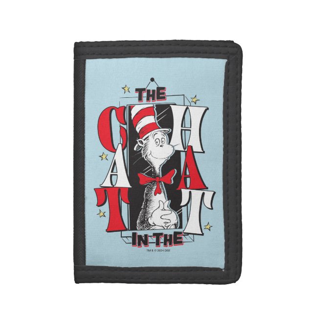 Cat In the Hat | B&W Text Trifold Wallet (Front Vertical)