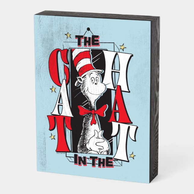 Cat In the Hat | B&W Text Wooden Box Sign (Angled Vertical)