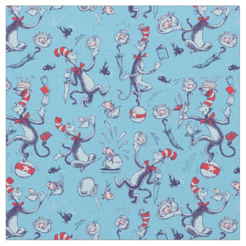 Cat In The Hat  Blue Pattern Fabric