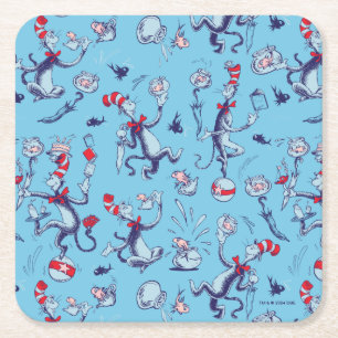 Cat In The Hat Blue Pattern Square Paper Coaster