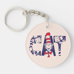 Cat In the Hat Cat Face Text Keychain
