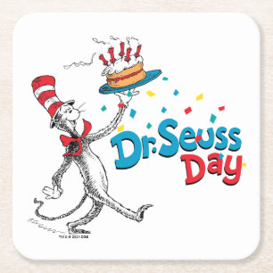 Cat in the Hat Dr. Seuss Day Square Paper Coaster