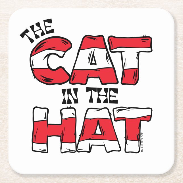 Cat In the Hat | Red & White Striped Text Square Paper Coaster (Front)