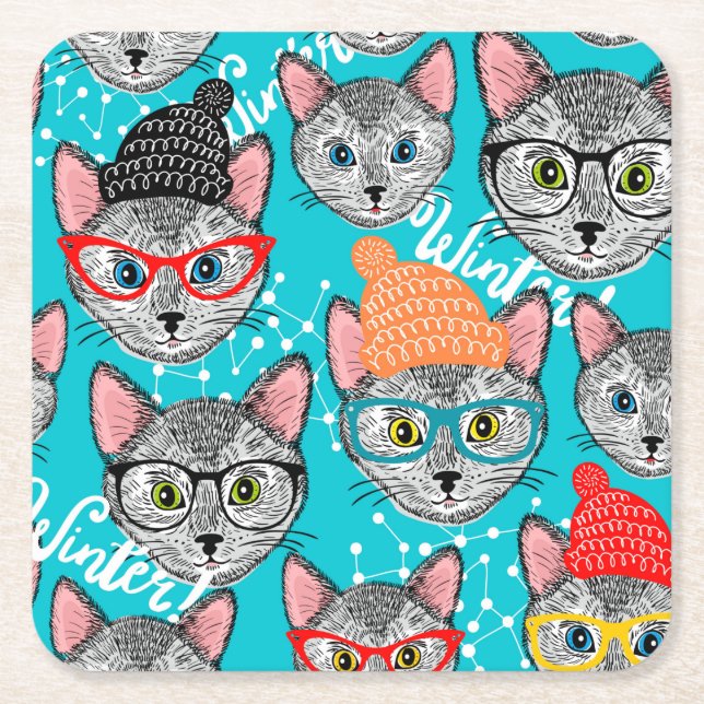 Cat in the hat square paper coaster (Front)