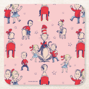 Cat In The Hat   With Kids Pattern Square Paper Coaster