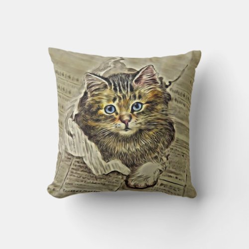 CAT IN THE MEWSPAPER Vintage Cat Collage Throw Pillow