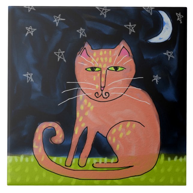 Cat in the Moonlight Abstract Painting Ceramic Tile (Front)