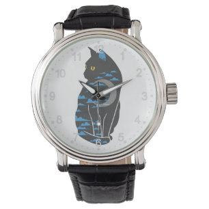 Cat in the night silhouette - Choose back color Watch