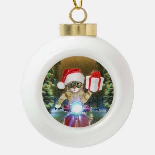 Cat in the Santa Claus hat delivers Christmas gift Ceramic Ball Christmas Ornament