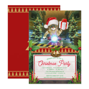 Cat in the Santa Claus hat delivers Christmas gift Invitation