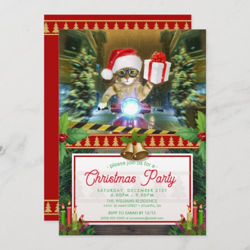 Cat in the Santa Claus hat delivers Christmas gift Invitation