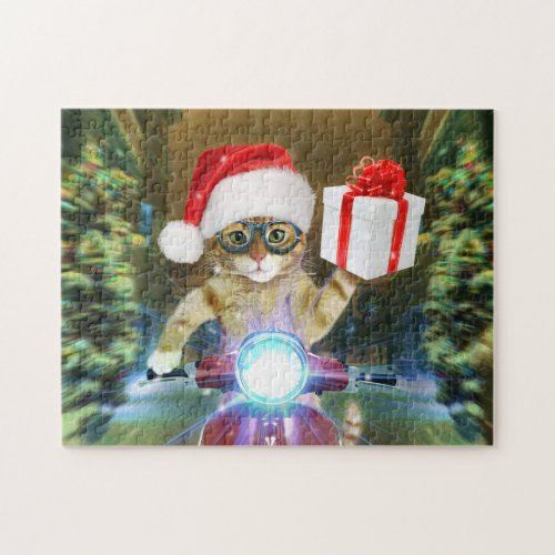 Cat in the Santa Claus hat delivers Christmas gift Jigsaw Puzzle