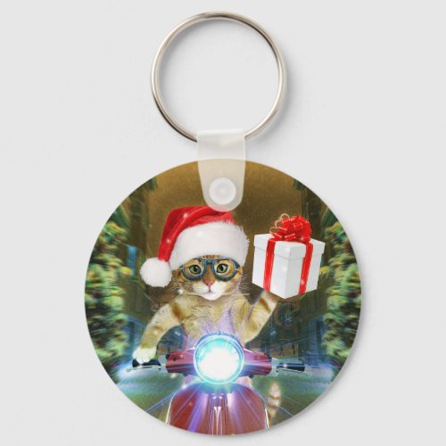 Cat in the Santa Claus hat delivers Christmas gift Keychain