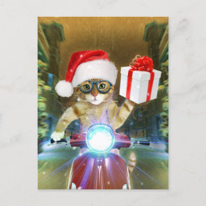 Cat in the Santa Claus hat delivers Christmas gift Postcard