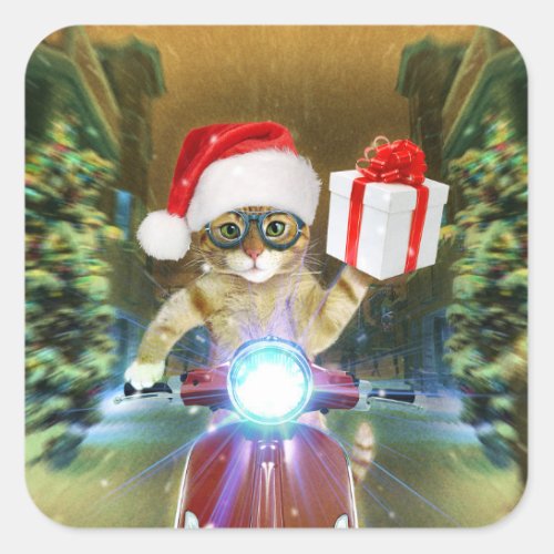 Cat in the Santa Claus hat delivers Christmas gift Square Sticker